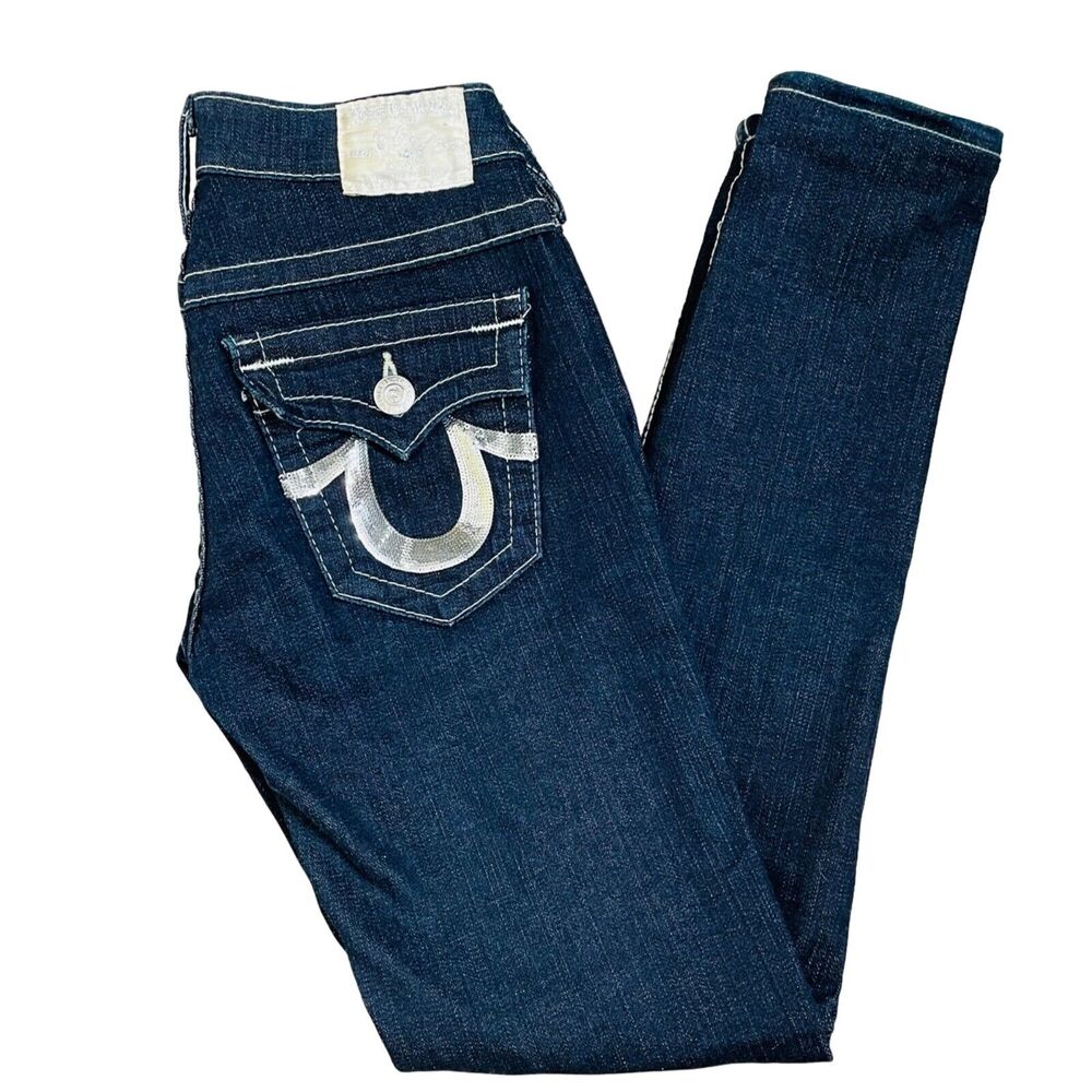 True Religion Beck Dark Blue Silver Sequin Jeans Size 24